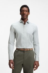 Slim-fit shirt in easy-iron striped stretch cotton, Green stripes