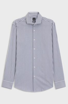 Slim-fit shirt in easy-iron striped stretch cotton, Blue stripes