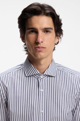 Slim-fit shirt in easy-iron striped stretch cotton, Blue stripes