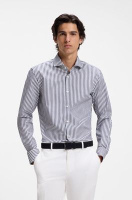 Slim-fit shirt in easy-iron striped stretch cotton, Blue stripes