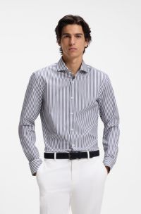 Slim-fit shirt in easy-iron striped stretch cotton, Blue stripes