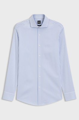 Slim-fit shirt in easy-iron striped stretch cotton, Light Blue Stripes