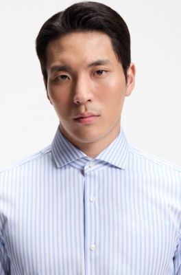 Slim-fit shirt in easy-iron striped stretch cotton, Light Blue Stripes