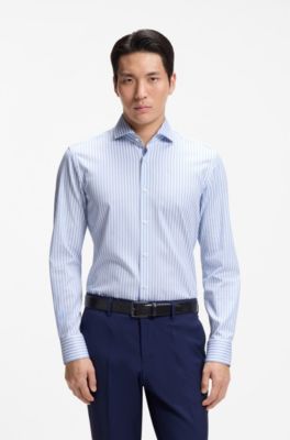 Slim-fit shirt in easy-iron striped stretch cotton, Light Blue Stripes