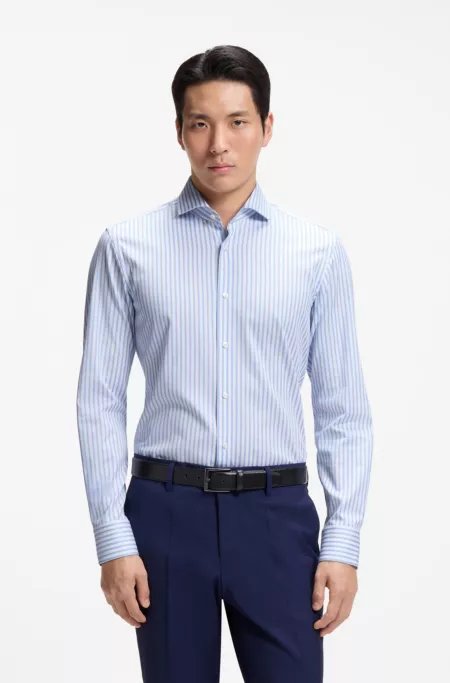 Slim-fit shirt in easy-iron striped stretch cotton