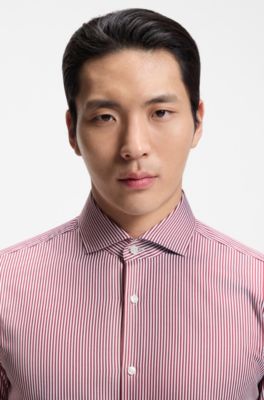 Slim-fit shirt in easy-iron striped stretch cotton, Red Stripes
