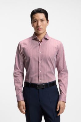 Slim-fit shirt in easy-iron striped stretch cotton, Red Stripes