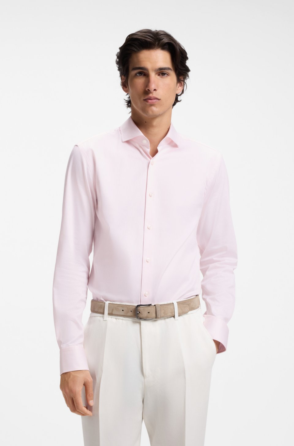Slim-fit shirt in easy-iron striped stretch cotton