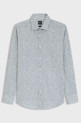 Slim-fit business shirt in stretch poplin, Green Patterned