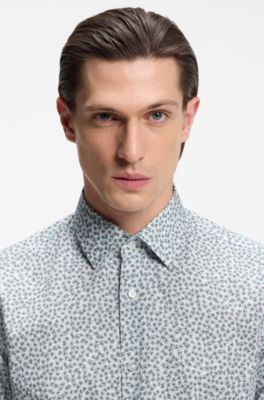 Slim-fit business shirt in stretch poplin, Green Patterned