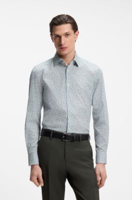 Slim-fit business shirt in stretch poplin, Green Patterned
