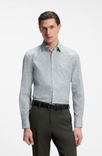 Camicia business slim fit in popeline elasticizzato, Verde a motivi