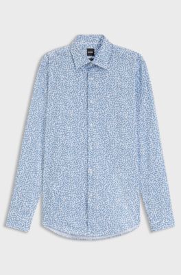 Slim-fit business shirt in stretch poplin, Light Blue Patterned