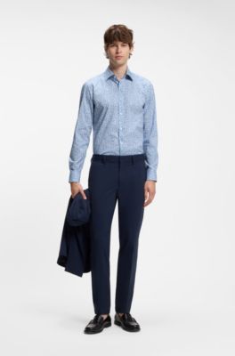 Slim-fit business shirt in stretch poplin, Light Blue Patterned