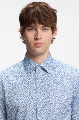 Slim-fit business shirt in stretch poplin, Light Blue Patterned