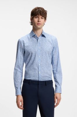 Slim-fit business shirt in stretch poplin, Light Blue Patterned