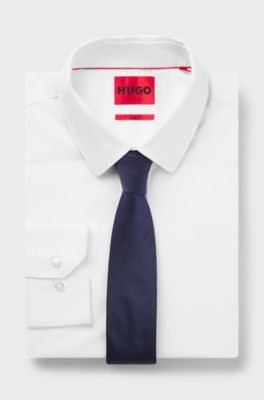 Zijden stropdas met jacquardgeweven patroon, Donkerblauw