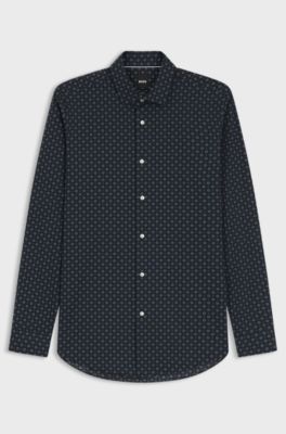 Slim-fit business shirt in stretch poplin, Blue Patterned