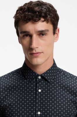 Slim-fit business shirt in stretch poplin, Blue Patterned