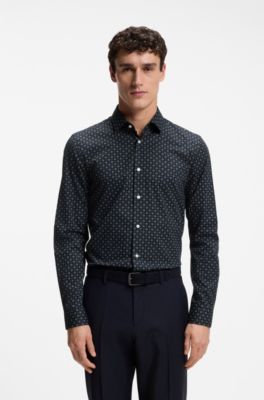Slim-fit business shirt in stretch poplin, Blue Patterned