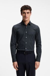 Slim-fit business shirt in stretch poplin, Blue Patterned