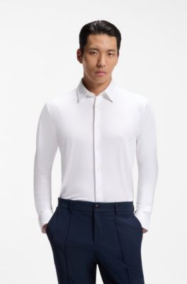 Camicia slim fit in tessuto elasticizzato strutturato ad alte prestazioni, Bianco