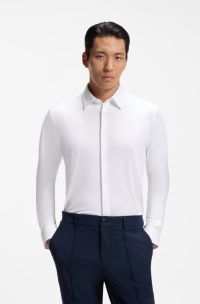 Camicia slim fit in tessuto elasticizzato strutturato ad alte prestazioni, Bianco