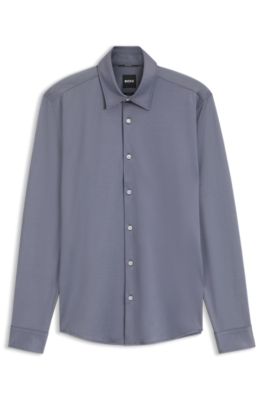 Slim-fit shirt in structured performance-stretch fabric, Dark Blue