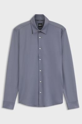 Slim-fit shirt in structured performance-stretch fabric, Dark Blue