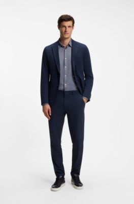 Slim-fit shirt in structured performance-stretch fabric, Dark Blue