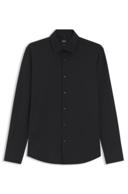 Boss Uomo Nero Camicia Regular Fit In Jersey Elasticizzato Ad Alte Prestazioni