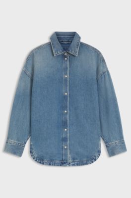 Oversize-fit shirt in vintage rigid denim, Light Blue