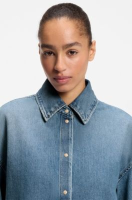 Oversize-fit shirt in vintage rigid denim, Light Blue