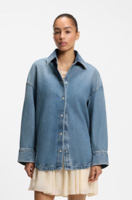 Oversize-fit shirt in vintage rigid denim, Light Blue