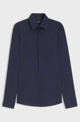 Slim-fit shirt in printed performance-stretch fabric, Blue Patterned