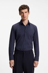 Slim-fit shirt in printed performance-stretch fabric, Blue Patterned