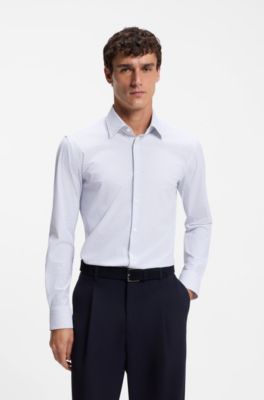 Slim-fit shirt in printed performance-stretch fabric, Light Blue Patterned