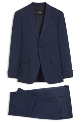 Two-piece slim-fit suit in checked stretch wool, Dark Blue