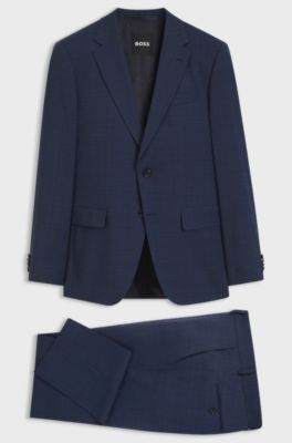 Two-piece slim-fit suit in checked stretch wool, Dark Blue
