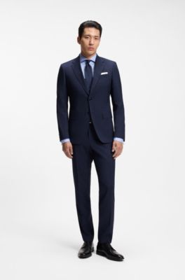Two-piece slim-fit suit in checked stretch wool, Dark Blue