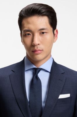 Two-piece slim-fit suit in checked stretch wool, Dark Blue