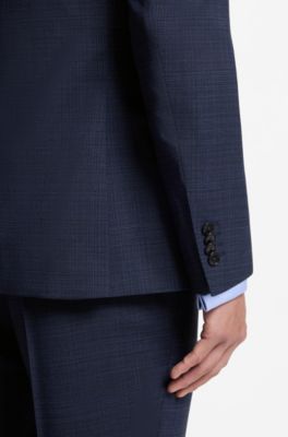 Two-piece slim-fit suit in checked stretch wool, Dark Blue