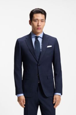 Two-piece slim-fit suit in checked stretch wool, Dark Blue