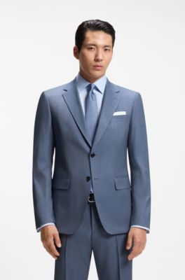 Two-piece slim-fit suit in patterned stretch wool, Blue