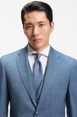 Three-piece regular-fit suit in patterned virgin wool, Light Blue