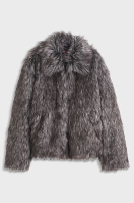 Kunstfelljacke mit Statement-Kragen, Grau