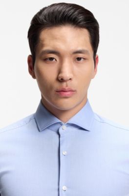 Slim-fit shirt in easy-iron striped stretch cotton, Light Blue