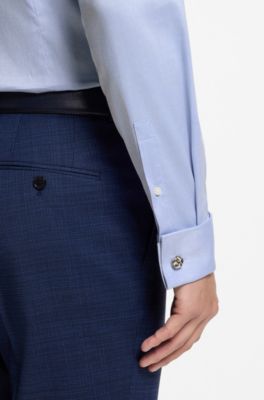 Slim-fit shirt in easy-iron striped stretch cotton, Light Blue