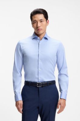 Slim-fit shirt in easy-iron striped stretch cotton, Light Blue