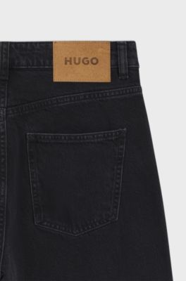 Wide-leg loose-fit jeans in black cotton, Black